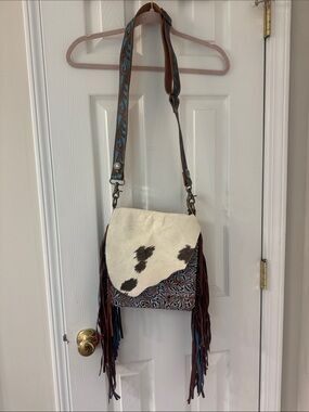 Fringe Leather Crossbody Bag with Cowhide Accent - Brown & White